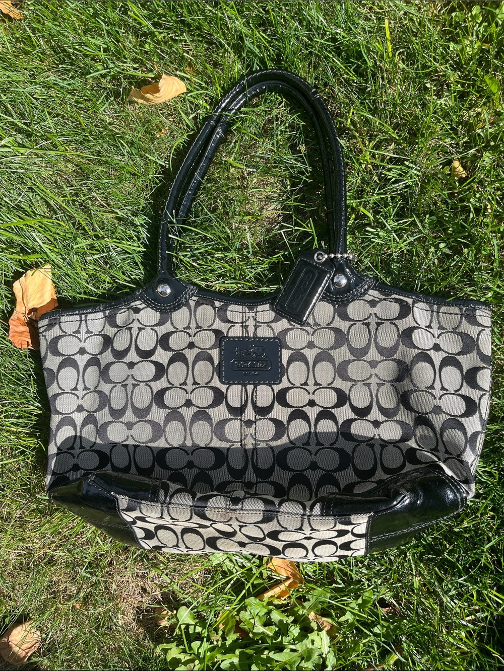 Coach Black and Khaki Signature Canvas Tote